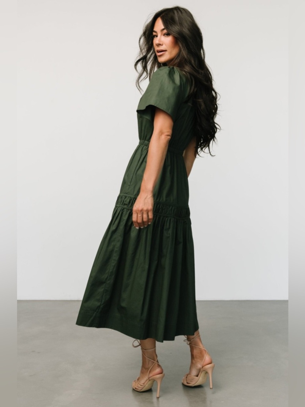 Baltic Born Jerrah Green Smocked Midi Dress Puff Sleeve Cottagecore Boho Size M